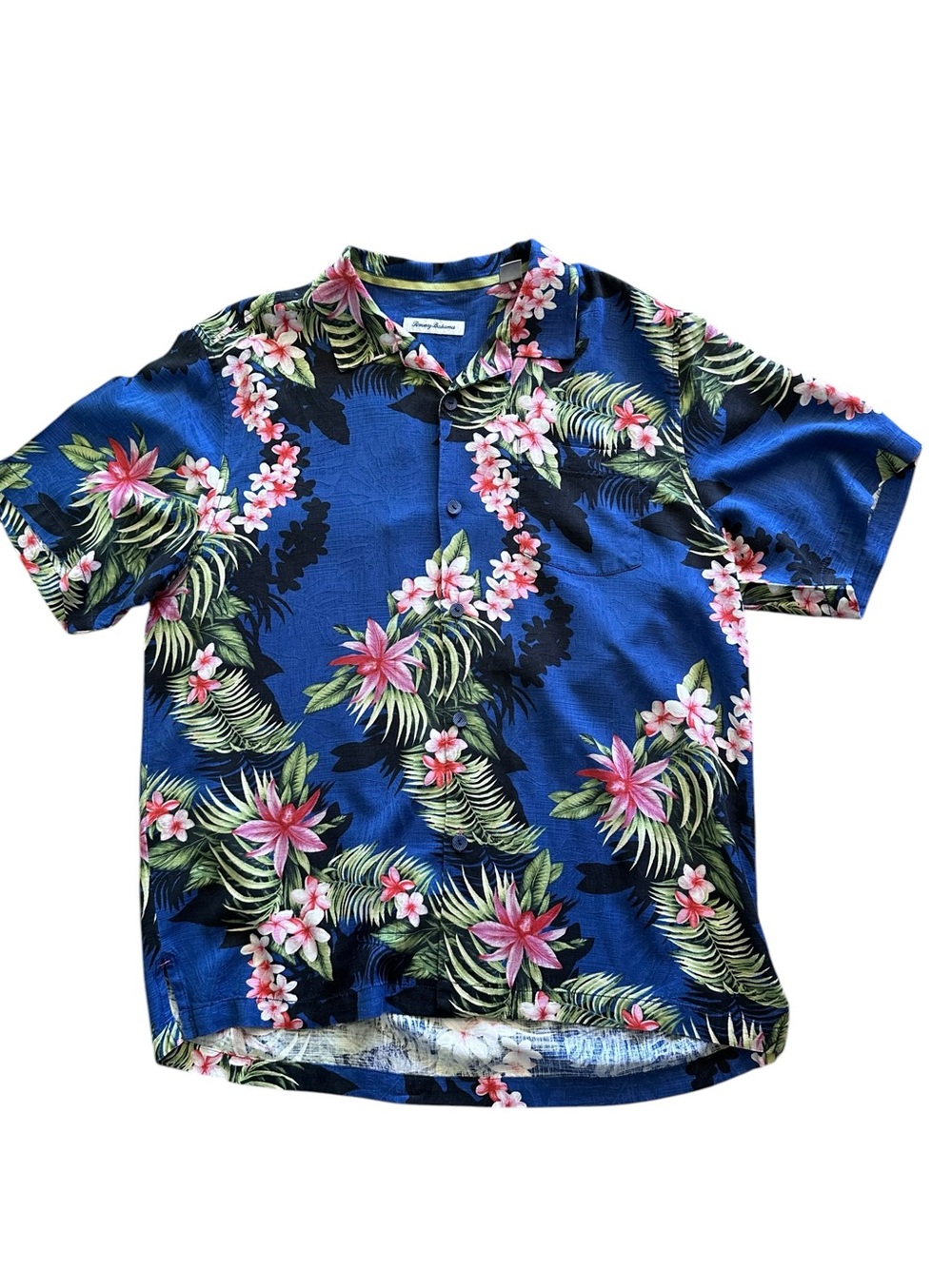 Tommy Bahama Men’s Blue Shadow O' Lei 100% Silk Hawaiian Camp Shirt Size Large
